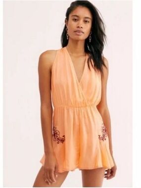 Free People Peach Halter Romper with Embroidered Accents